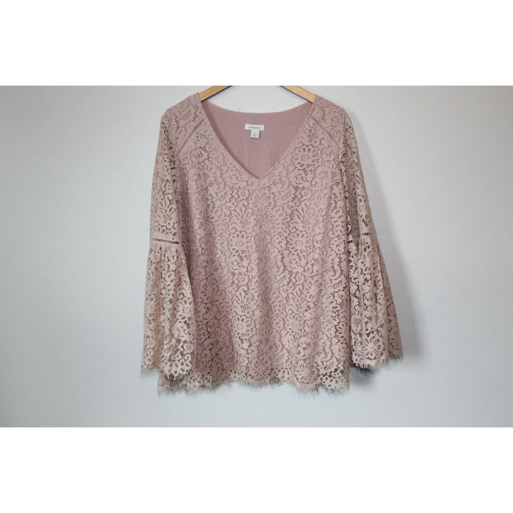 Sundance V-neck Bell Sleeve Charmant Lace Blouse Pink Women's Size Large H14078 - Picture 2 of 10